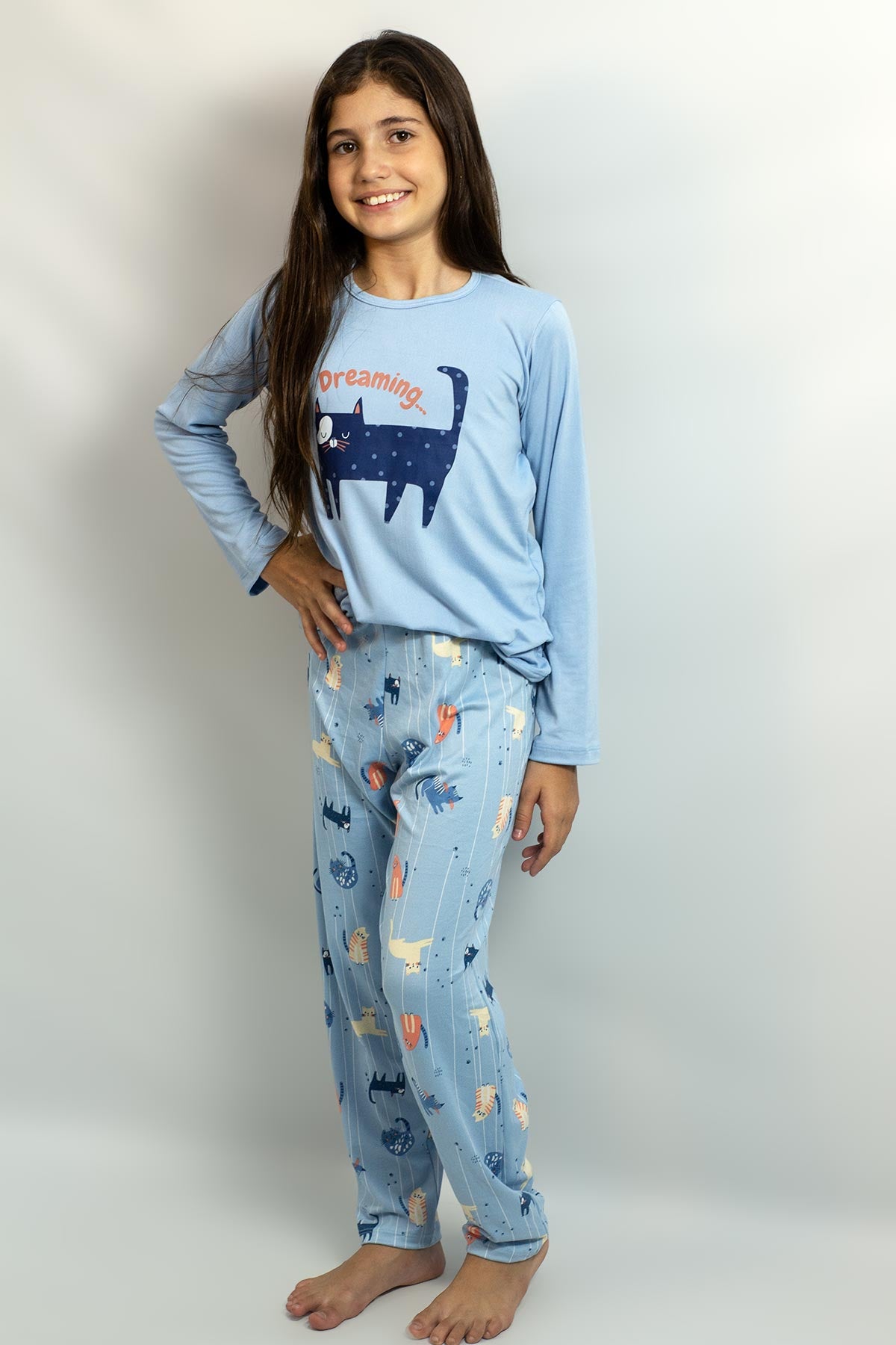 PIJAMA INVERNO FEMININO INFANTIL MANGA LONGA - GATO AZUL ref.2077