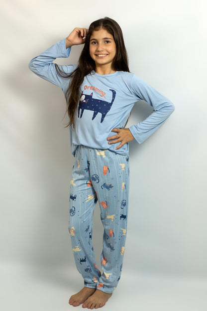 PIJAMA INVERNO FEMININO INFANTIL MANGA LONGA - GATO AZUL ref.2077