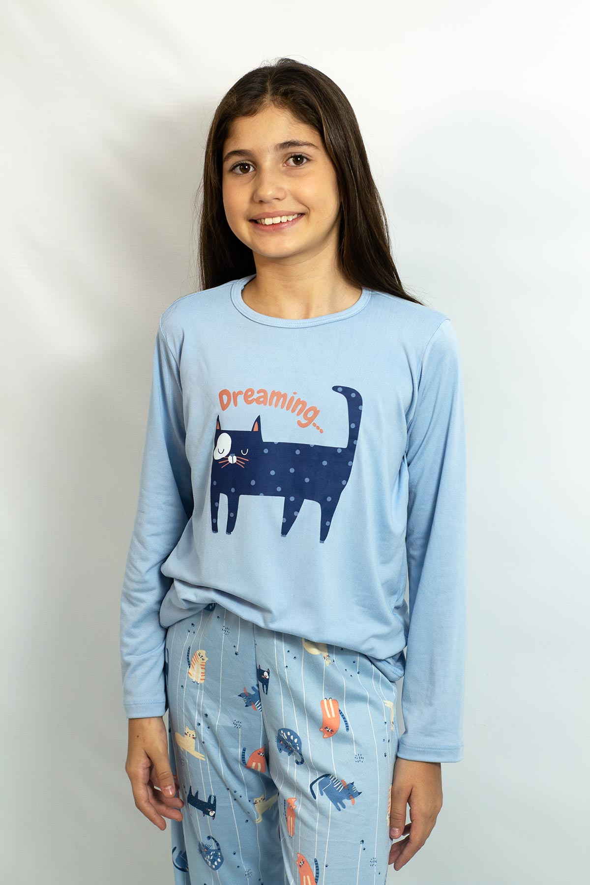 PIJAMA INVERNO FEMININO INFANTIL MANGA LONGA - GATO AZUL ref.2077